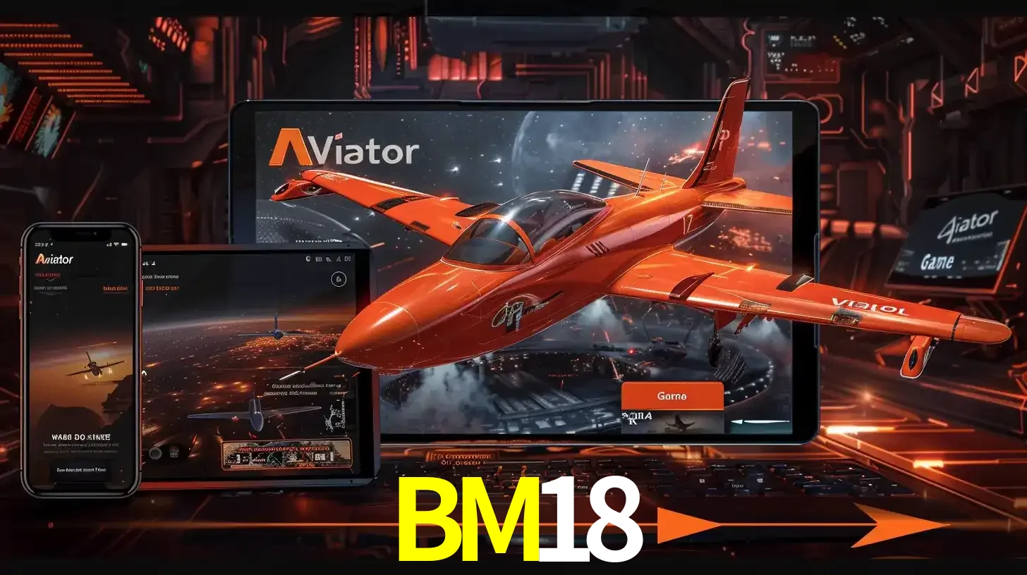 Apresentação tecnológica do jogo Aviator com um avião saindo da tela de um tablet, demonstrando a experiência imersiva em múltiplos dispositivos no BM18.