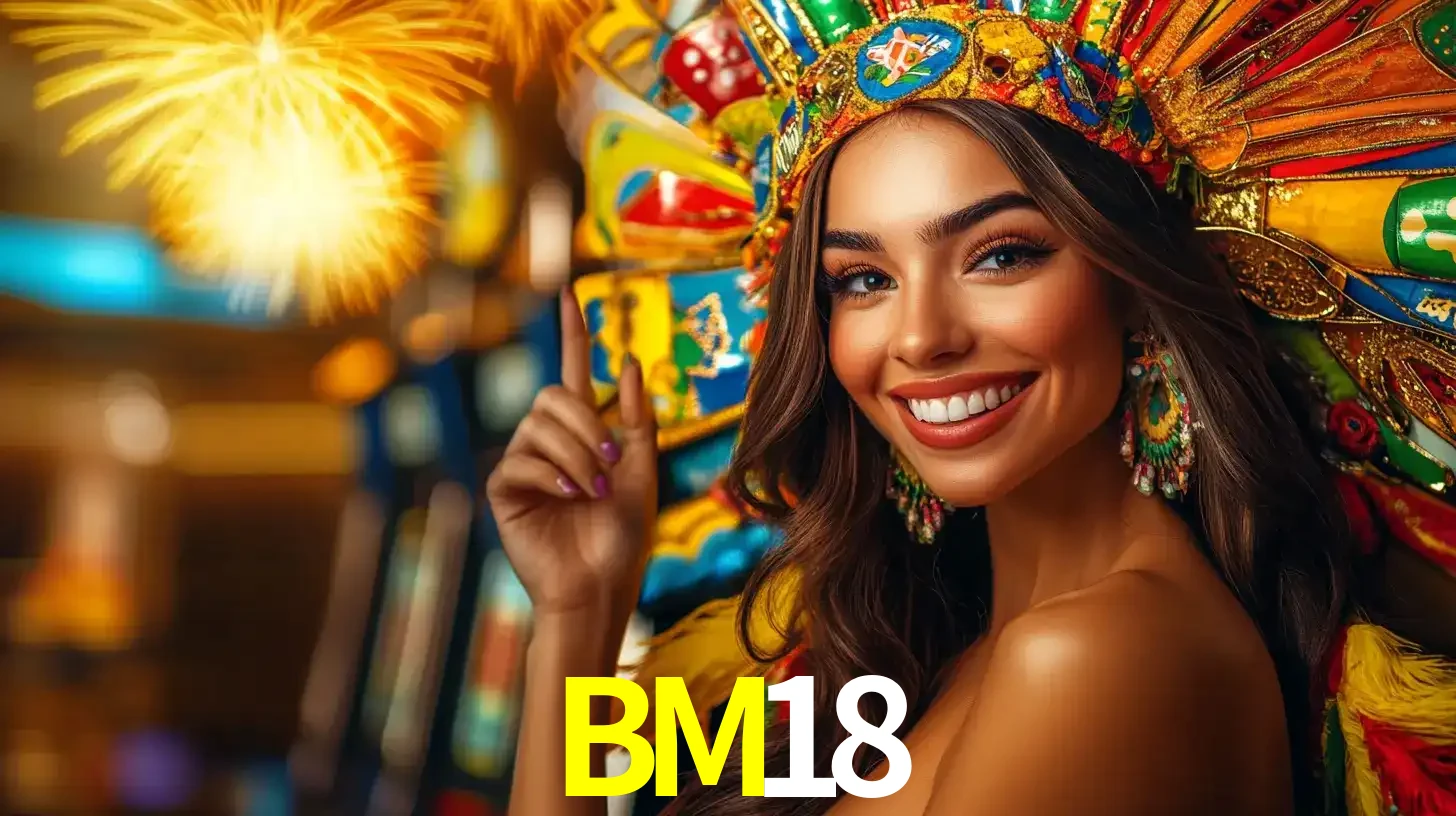 Mulher sorridente com um cocar de carnaval vibrante e colorido, celebrando uma grande vitória nos jogos do cassino BM18 com fogos de artifício ao fundo.