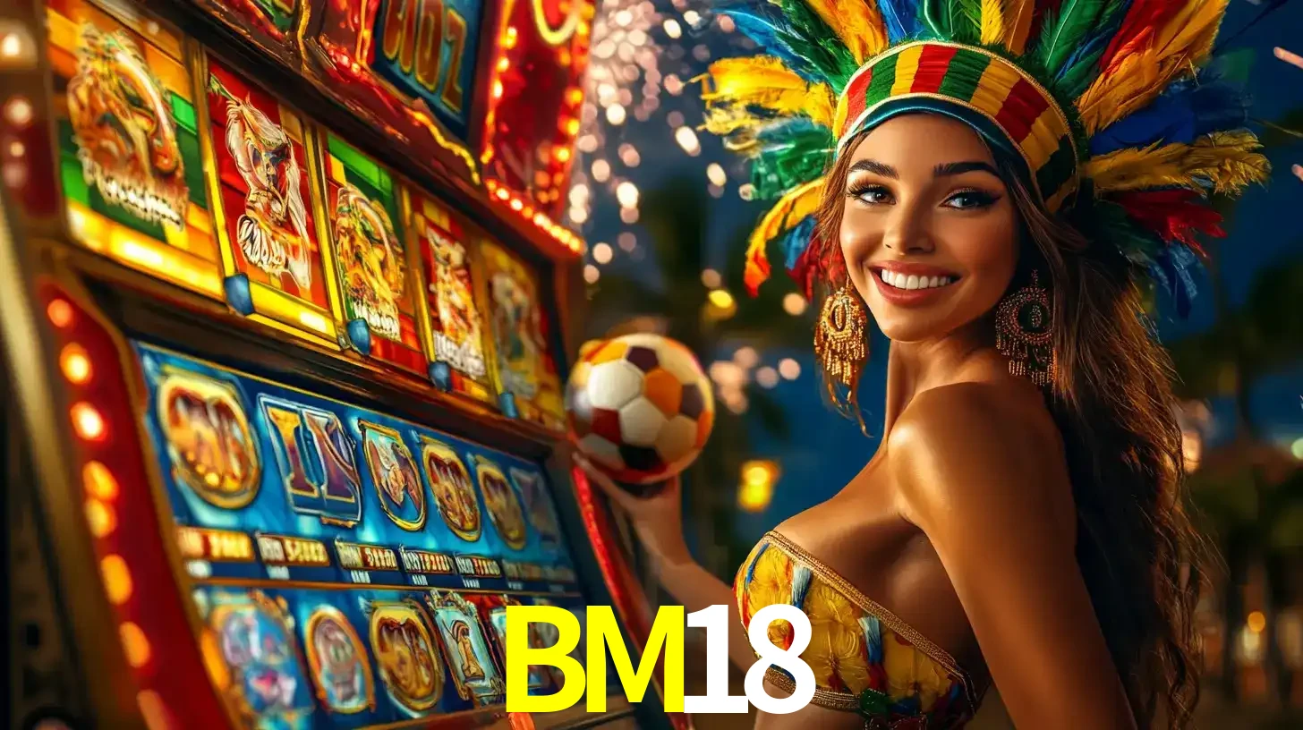 Mulher com um cocar de carnaval ao lado de uma máquina de caça-níqueis enquanto segura uma bola de futebol, mostrando a união da diversão de cassino e esportes no BM18.