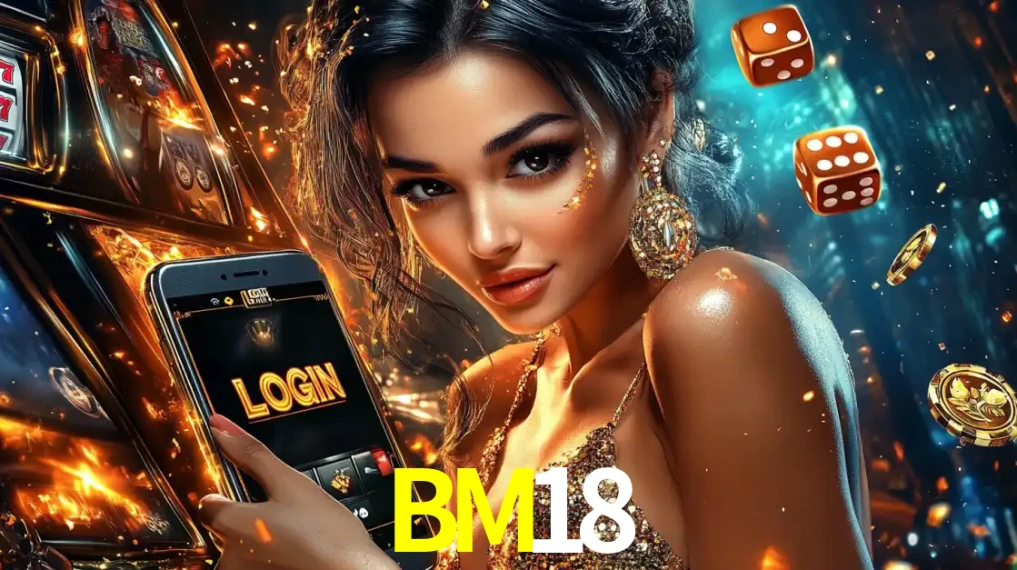 Mulher glamourosa segurando um celular com a tela de login do cassino BM18, rodeada por dados e moedas douradas, pronta para começar a diversão.