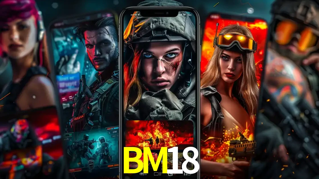 Montagem de telas de celular mostrando diversos personagens, masculinos e femininos, de um jogo de tiro, ilustrando a diversidade de equipes de e-sports para apostar no BM18.
