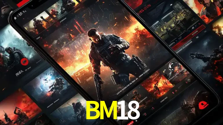 Tela de um celular exibindo uma galeria de jogos de tiro com temática militar, mostrando a variedade de e-sports disponíveis para apostas na plataforma de entretenimento BM18.