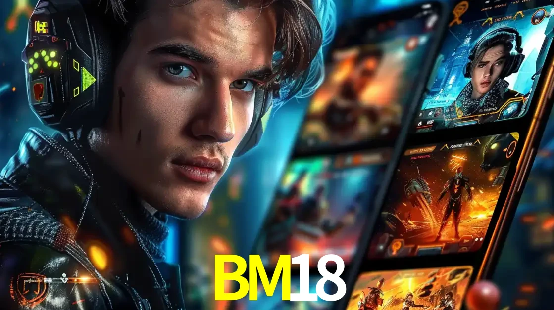 Jovem jogador com fones de ouvido olhando para a câmera, com um aplicativo de jogos e e-sports para celular ao fundo, pronto para a competição e apostas no BM18.