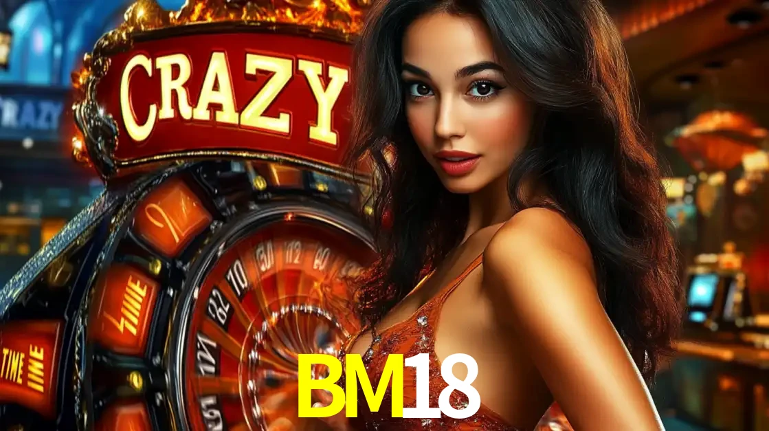 Mulher glamourosa olhando para a câmera com a roda vermelha do Crazy Time ao fundo em um ambiente de cassino, destacando a emoção dos jogos ao vivo no BM18.