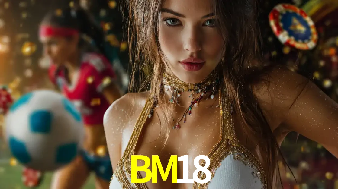 Mulher elegante representando a combinação de glamour e emoção das apostas esportivas, com uma jogadora de futebol ao fundo, destacando a ação no BM18.