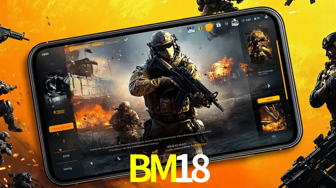 Um smartphone exibindo a interface de um jogo de tiro em primeira pessoa, com um soldado em um cenário de batalha, representando a ação dos e-sports para apostar no BM18.