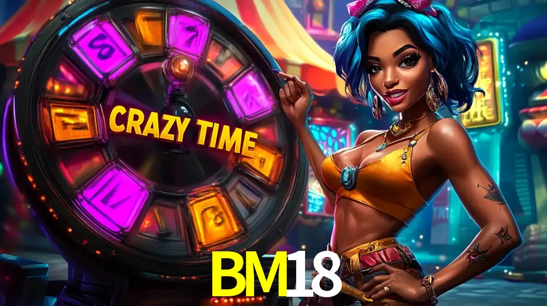 Mulher estilizada com cabelo azul e visual vibrante posando ao lado da roda de prêmios do game show Crazy Time, convidando para a diversão e os bônus do cassino BM18.