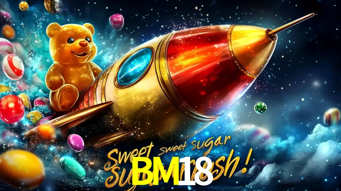 Arte promocional do jogo de slot Sugar Rush, com um urso de pelúcia em um foguete viajando pelo espaço de doces, um dos jogos divertidos disponíveis no cassino BM18.