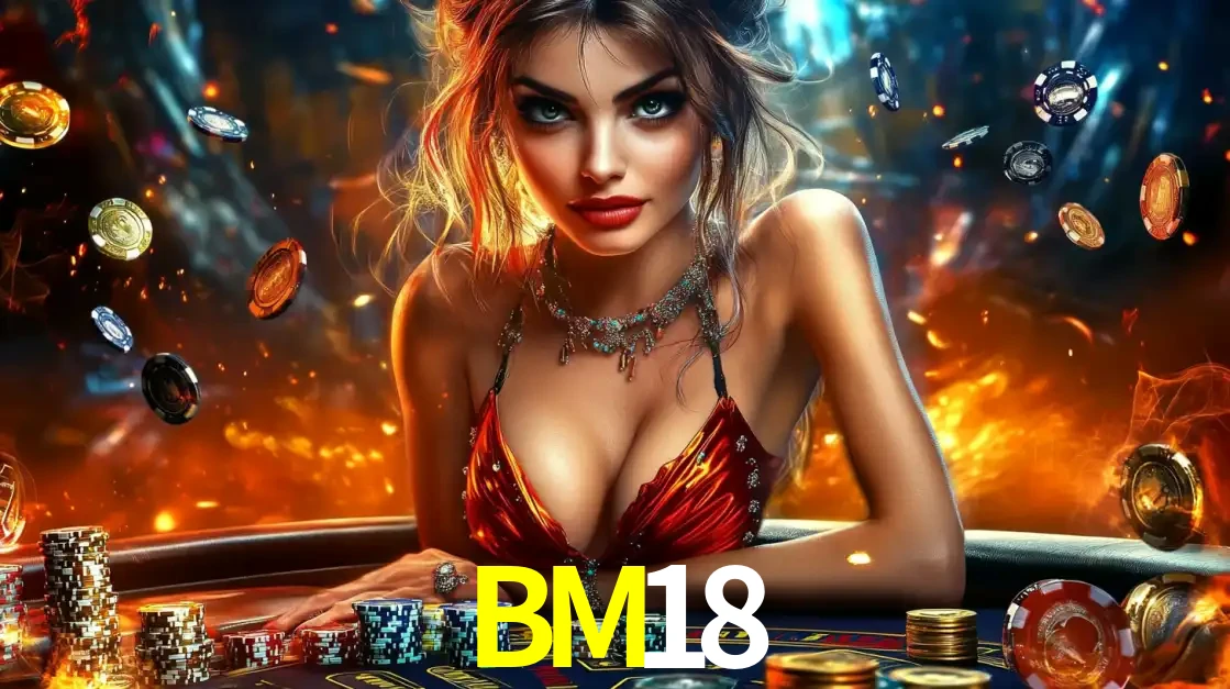Mulher em uma mesa de cassino com pilhas de fichas e um fundo de fogo, pronta para uma rodada de altas apostas nos jogos de mesa emocionantes do cassino BM18.