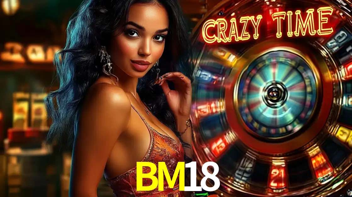 Mulher elegante ao lado da vibrante roda da fortuna do jogo de cassino ao vivo Crazy Time, um dos game shows mais populares e cheios de prêmios do BM18.