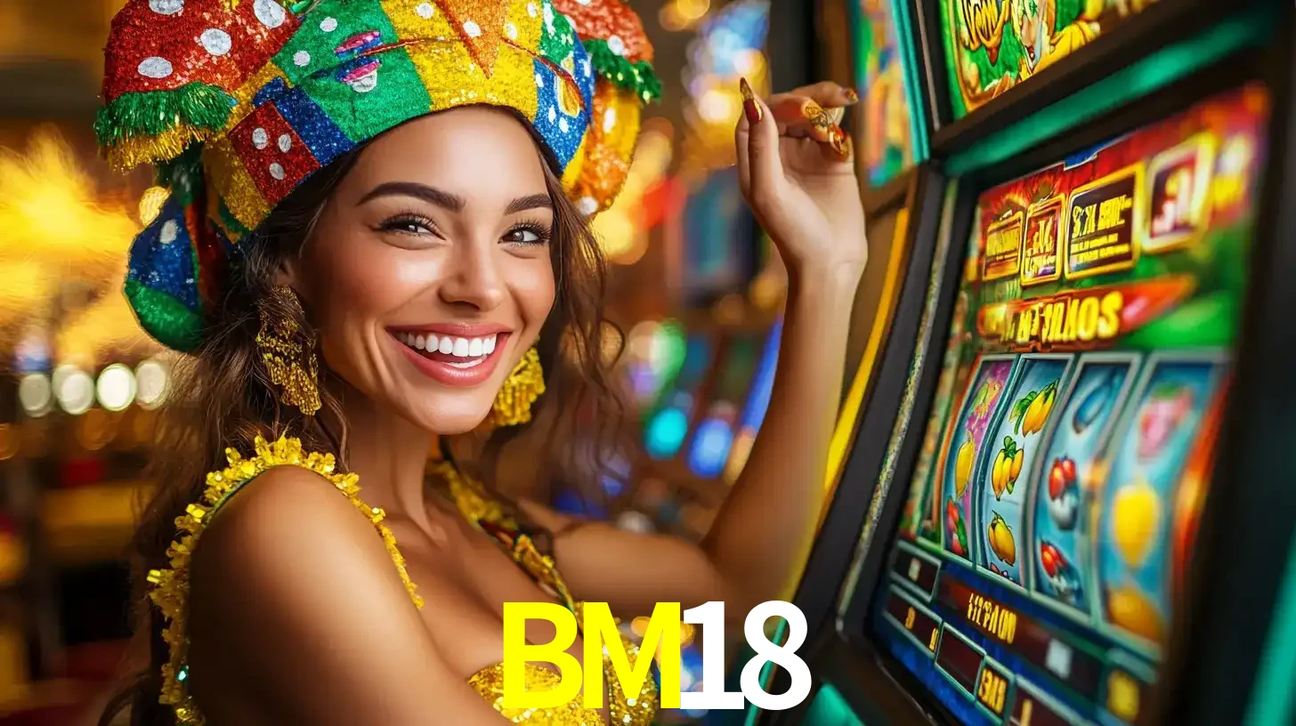 Mulher feliz com traje de carnaval amarelo e colorido ao lado de uma máquina de caça-níqueis, aproveitando a diversão e os jogos temáticos do cassino BM18.